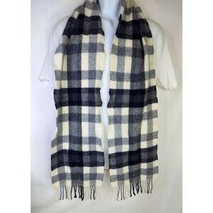 John Hanly  Irish Lambs wool Scarf Black White Plaid Long w Fringe 74"x10"